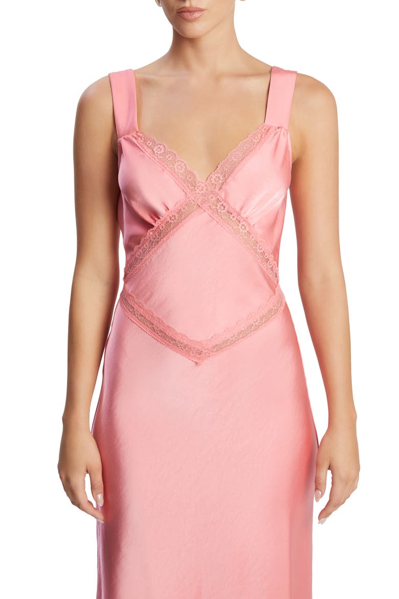 Emory Lace Trim Cutout Satin Midi Slipdress, Alternate, color, PINK