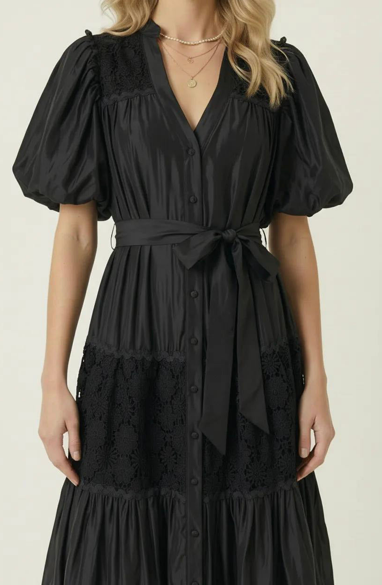 Modenaire V-Neck Lace Paneling Midi Dress, Alternate, color, Black