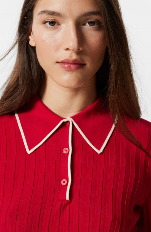 & Other Stories Tipped Ribbed Ruffle Trim Polo Sweater In Red