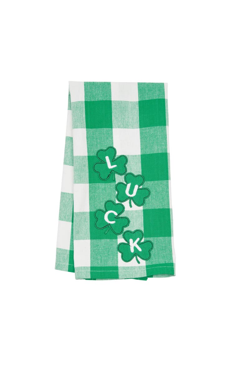 St. Patrick's Day Four Clover "Luck" Plaid Check Cotton Kitchen Dishtowel, Main, color, Green
