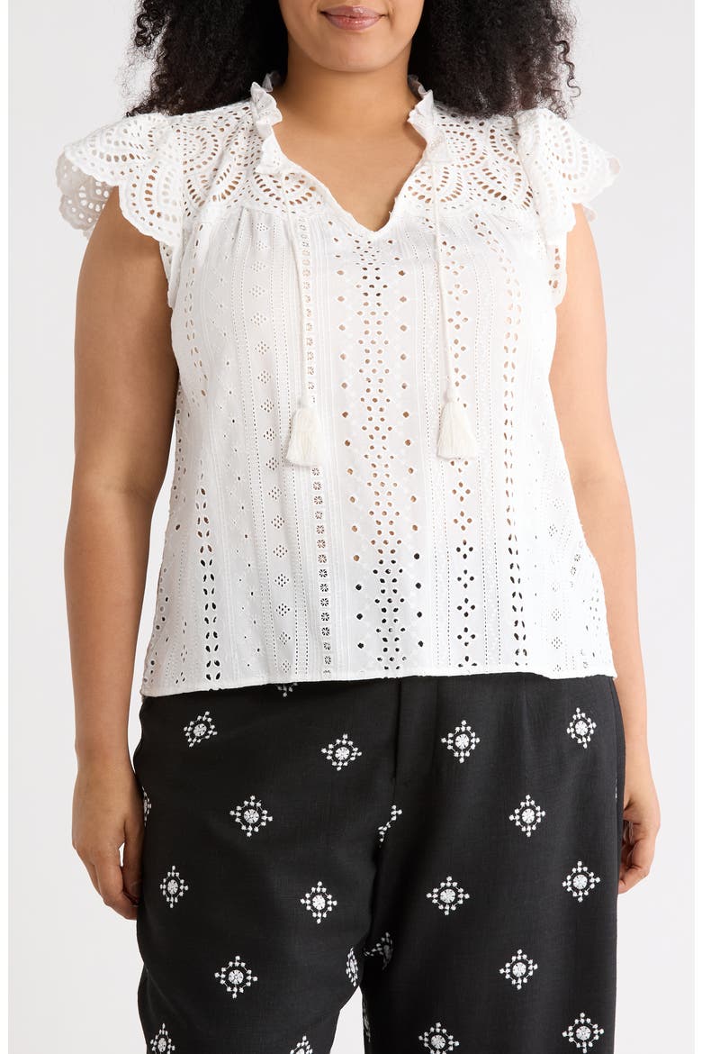 Tie Neck Eyelet Top, Main, color, WHITE