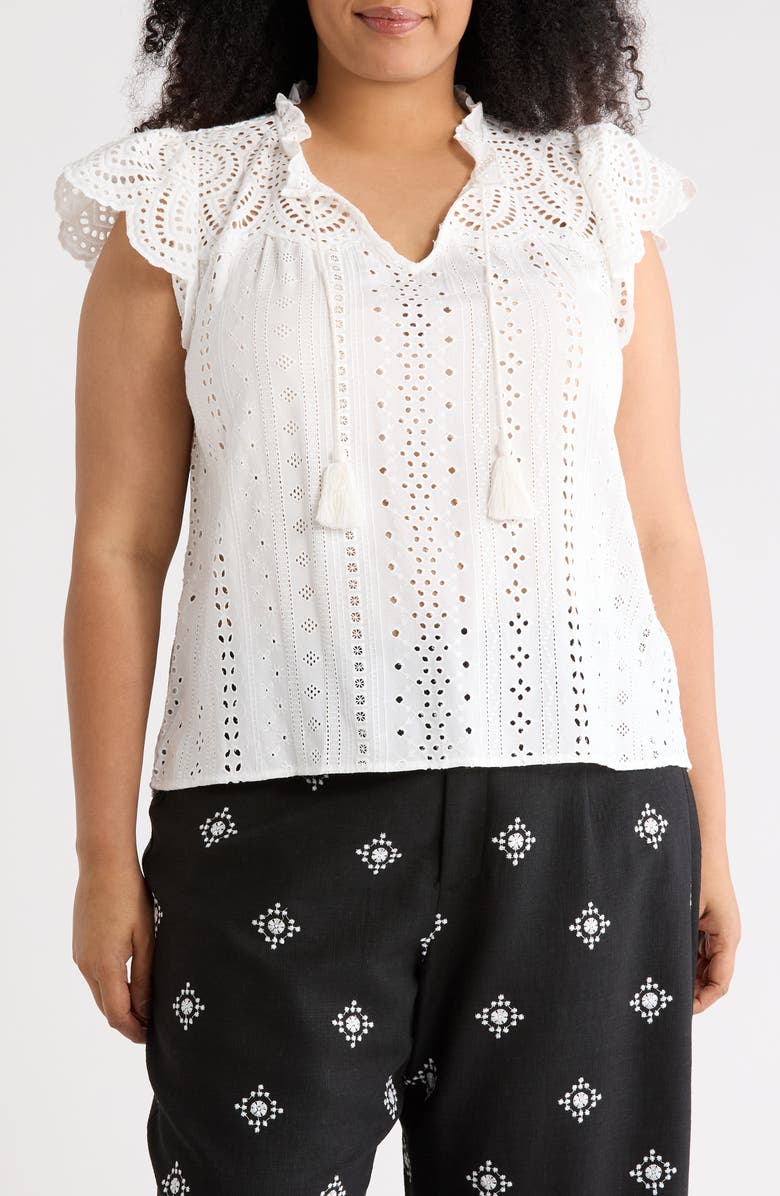 T Tahari Tie Neck Eyelet Top, Main, color, White