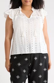 T Tahari Tie Neck Eyelet Top