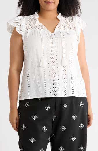 T Tahari Tie Neck Eyelet Top
