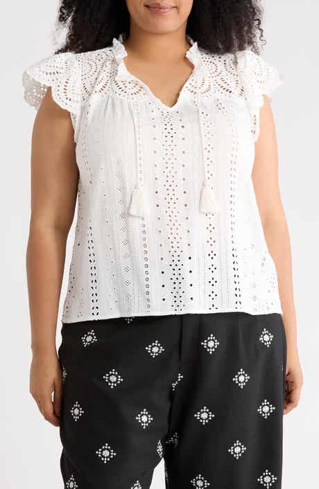T Tahari Tie Neck Eyelet Top