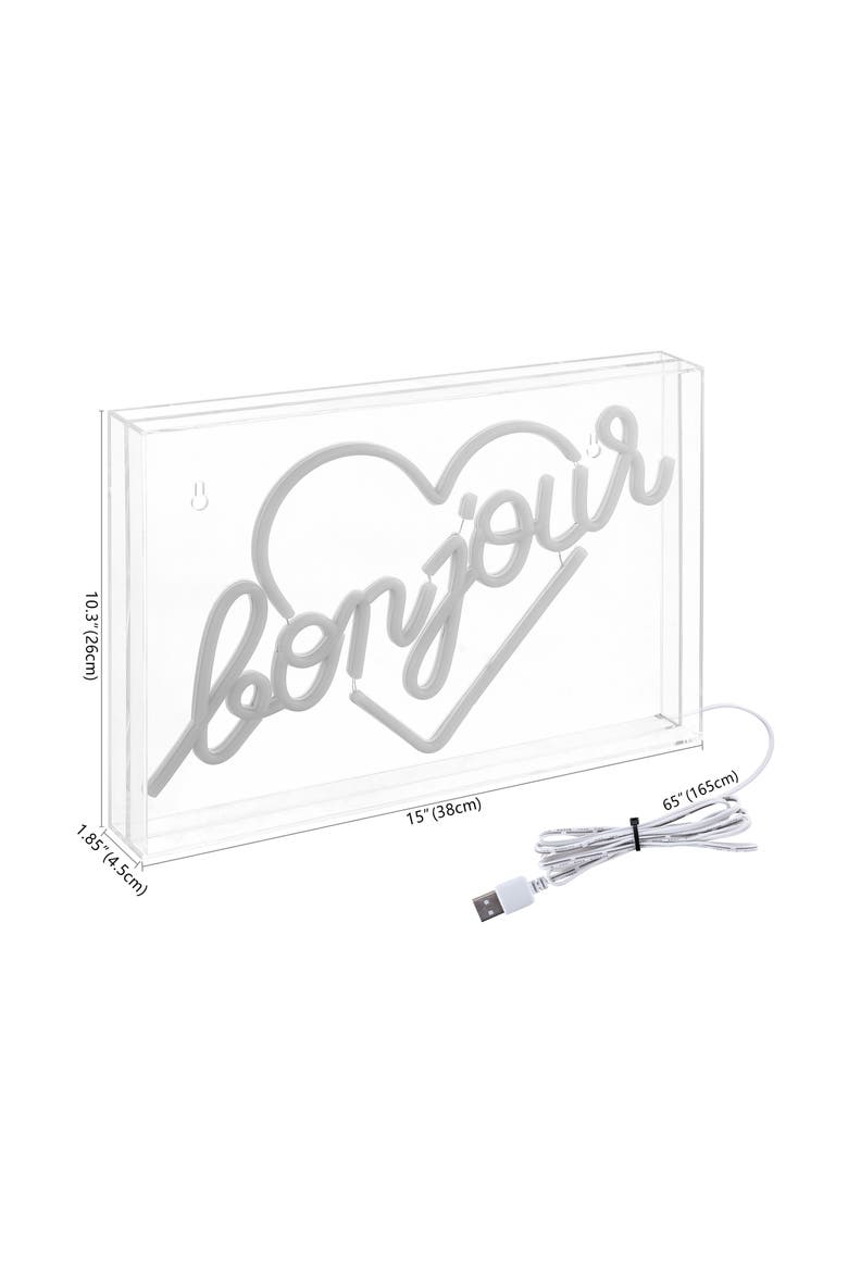 Bonjour Heart 15" X 10.3" Contemporary Glam Acrylic Box USB Operated LED Neon Light, Yellow, Alternate, color, Yellow