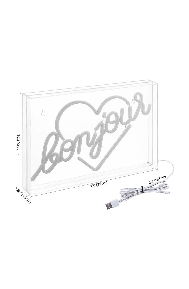 JONATHAN Y Bonjour Heart 15" X 10.3" Contemporary Glam Acrylic Box USB Operated LED Neon Light, Yellow, Alternate, color, Yellow