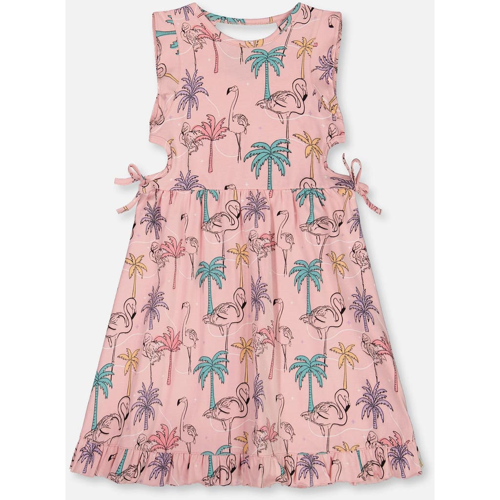Deux Par Deux Little Girl's Printed Organic Cotton Dress With Cut Outs Palm Trees, Pink Flamingo, An In Pink