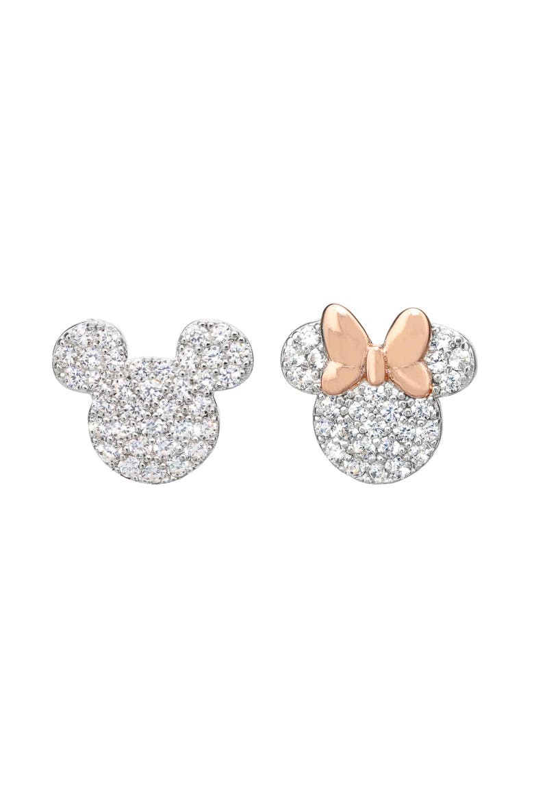 Mickey and Minnie Mouse Mismatched Cubic Zirconia Stud Earrings, Main, color, Metallic Silver