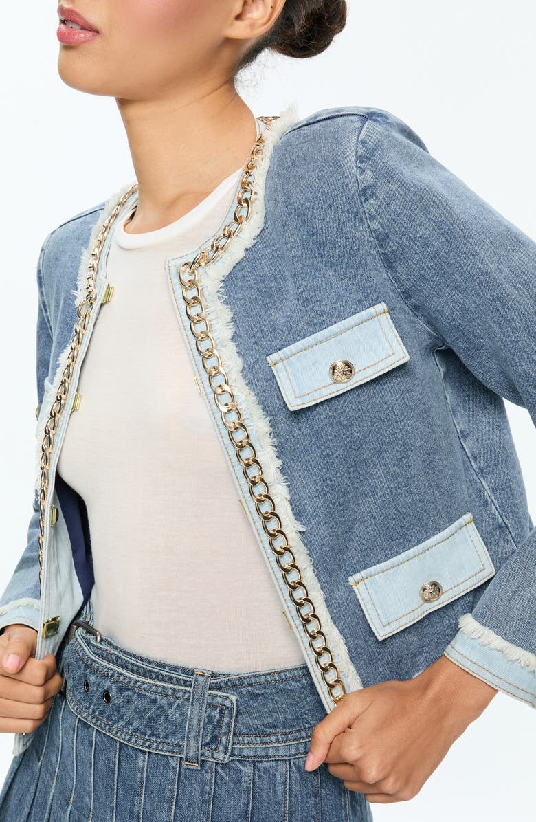 Alice + Olivia Landon Crop Denim Jacket with Curb Chain Trim, Alternate, color,