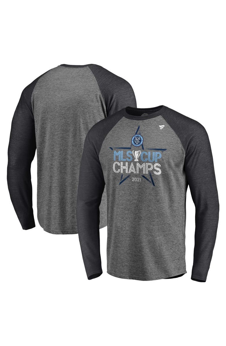 FANATICS Men's Fanatics Branded Heathered Gray New York City FC 2021 MLS Cup Champions Locker Room Raglan Long Sleeve T-Shirt, Main, color, 
