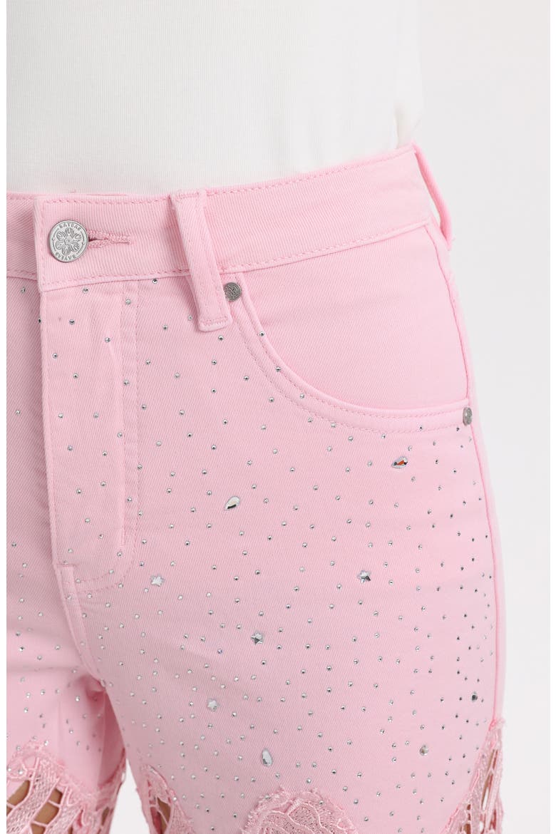 High Waist Crystal Embellished Lace Wide Leg Jeans, Alternate, color, PINK