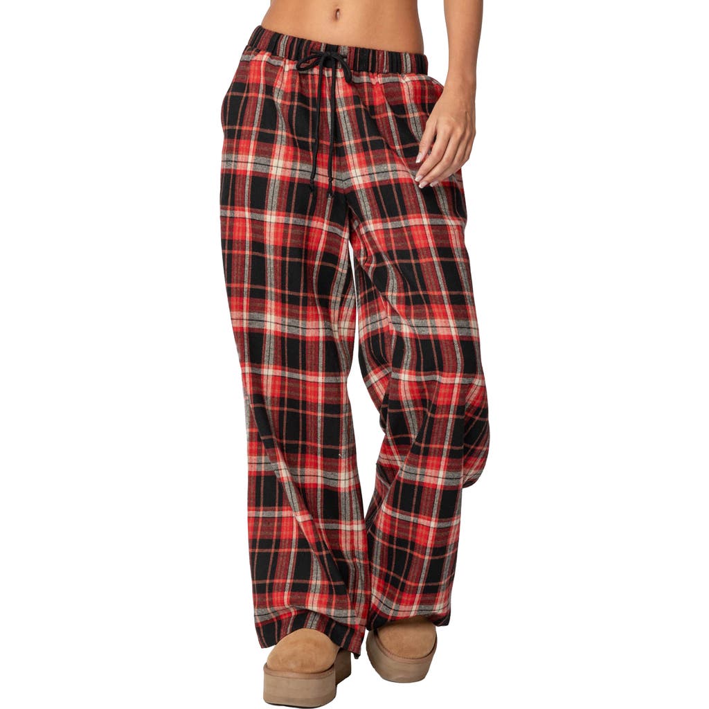 Shop Edikted Lounge Around Plaid Wide Leg Pants In Red