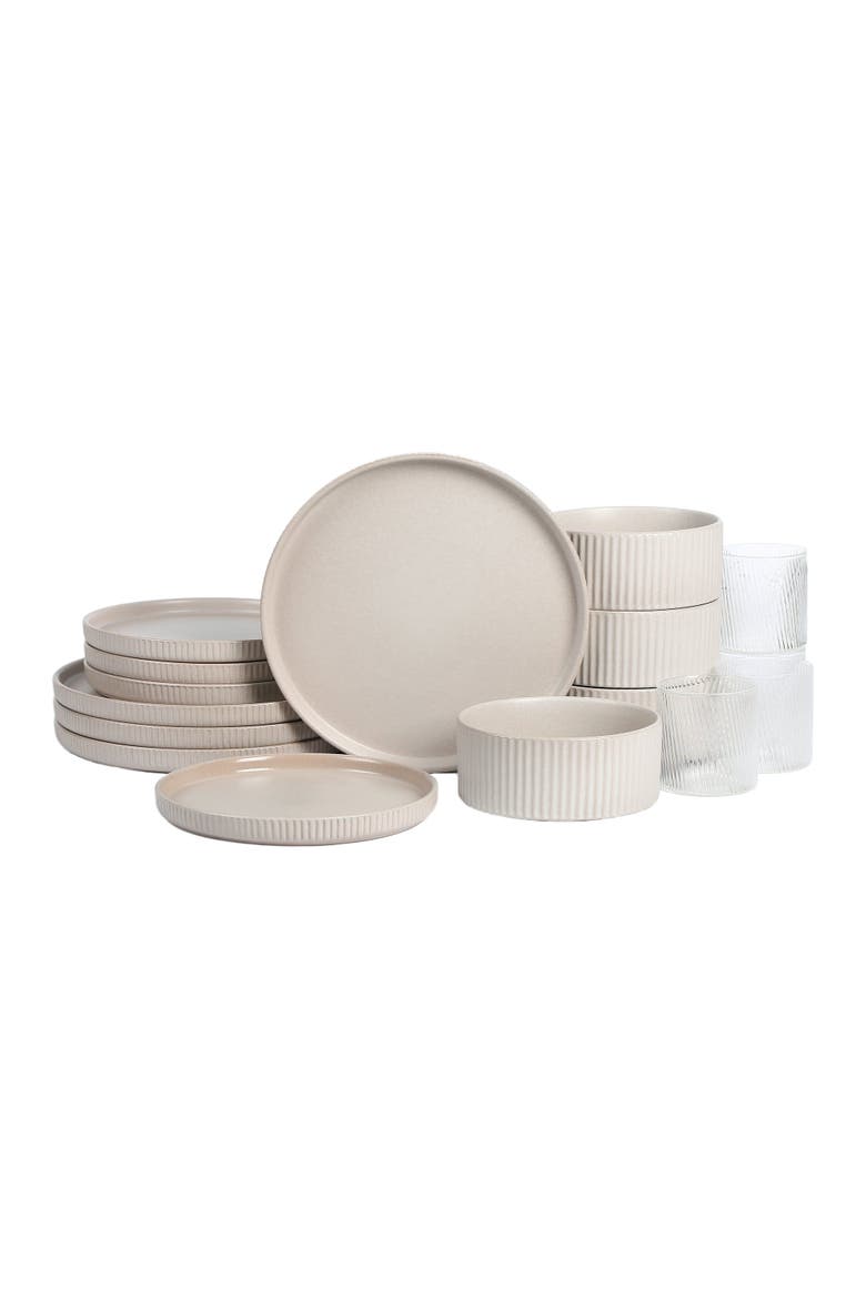 Haven Stoneware 16-Piece Dinnerare Set with Glasses, Main, color, Beige