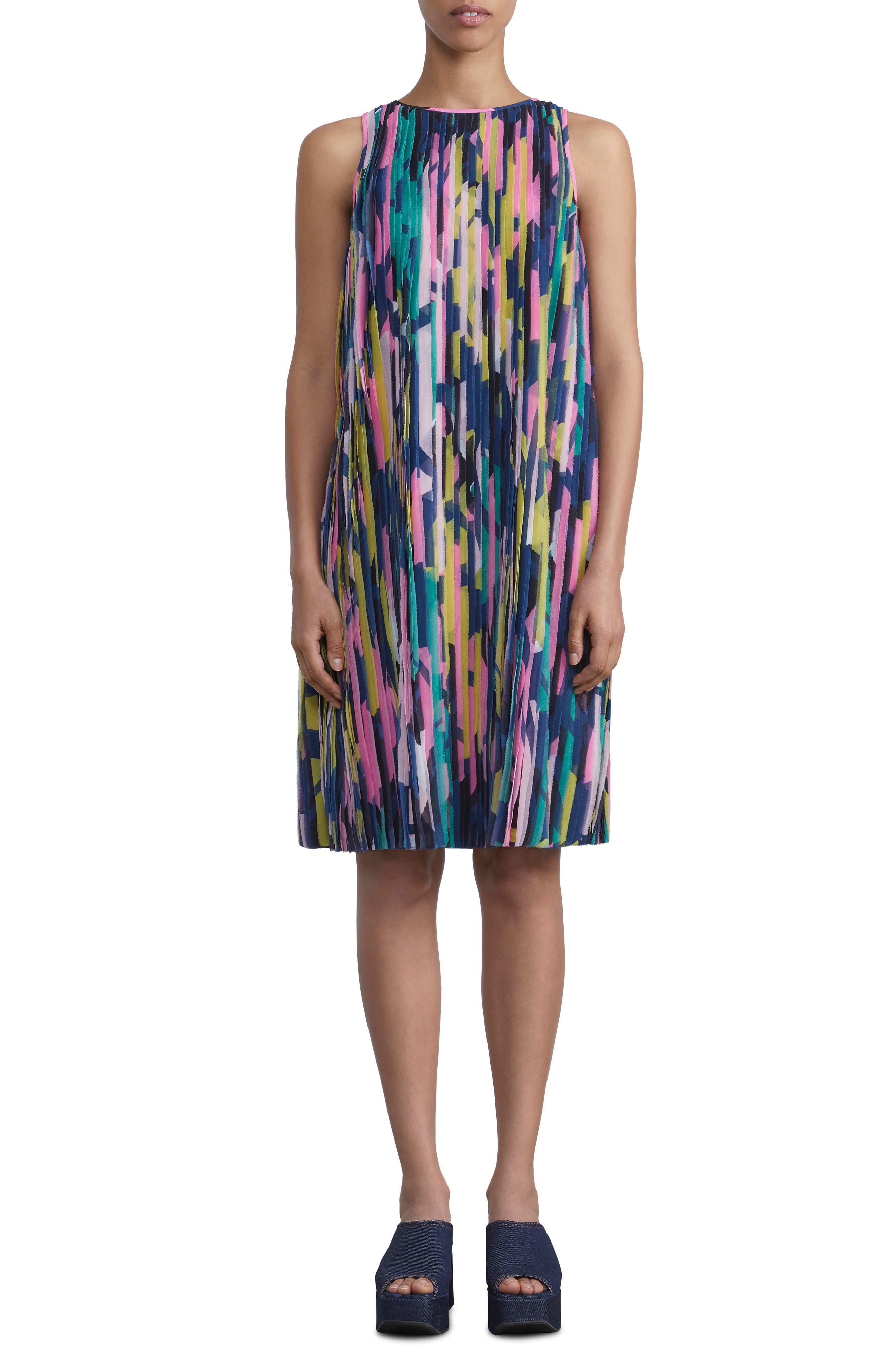 Lafayette 148 New York Papier Print Strip Pleated Chiffon Shift Dress ...