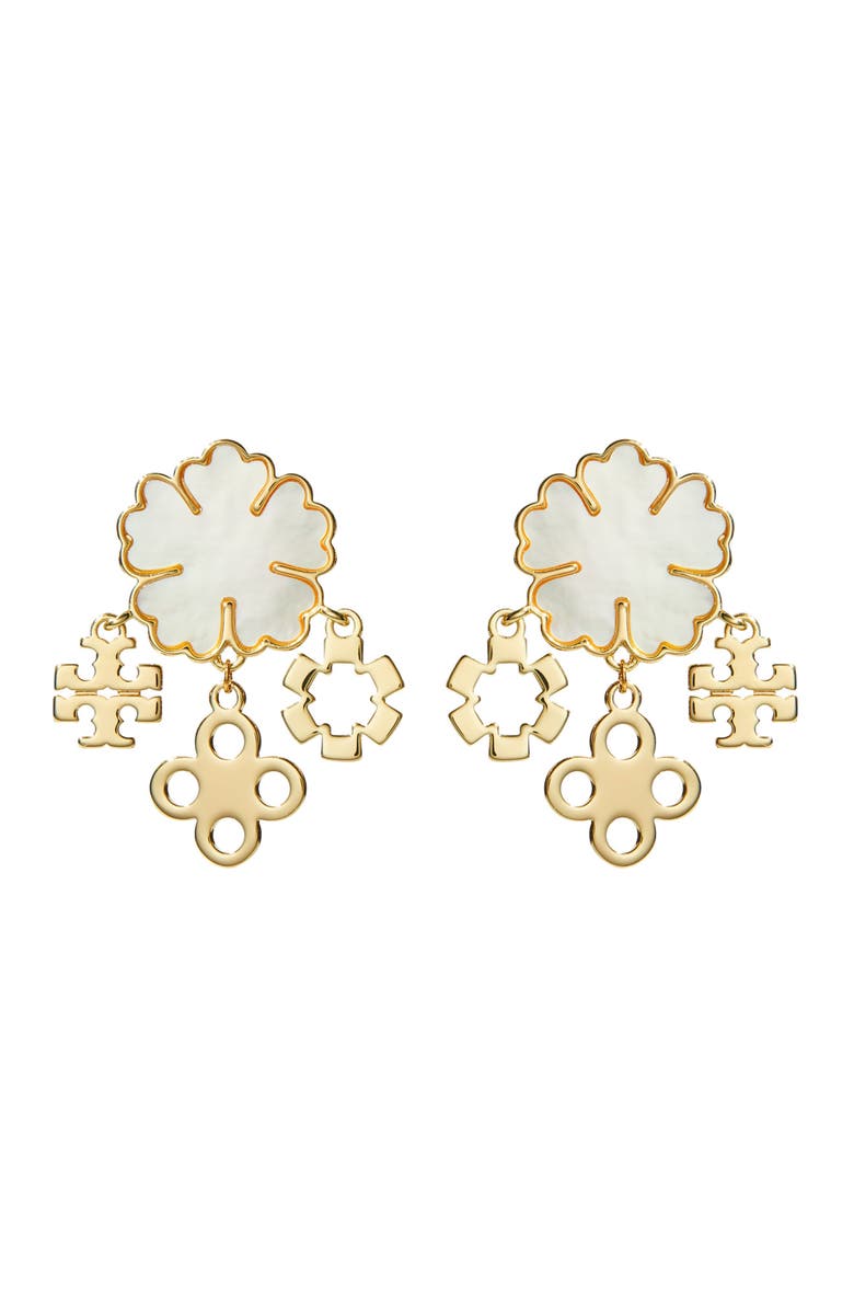 Tory Burch Clover Cluster Chandelier Earrings, Main, color, Tory Gold / Mother Of Pearl
