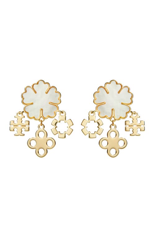 Tory Burch Mother Of Pearl Clover Cluster Drop Earrings In Gold Tone In Gold