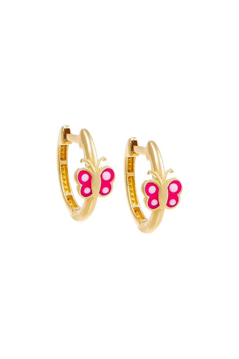 Kids Pink Enamel Butterfly Huggie Earring 14K, Main, color, 14K Gold