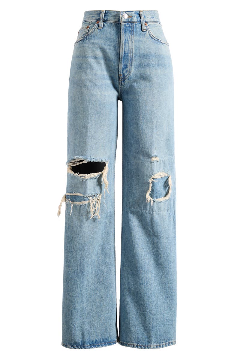 Re/Done High Waist Ripped & Repaired Wide Leg Jeans, Main, color, Age Worn Blue