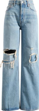 Re/Done High Waist Ripped & Repaired Wide Leg Jeans