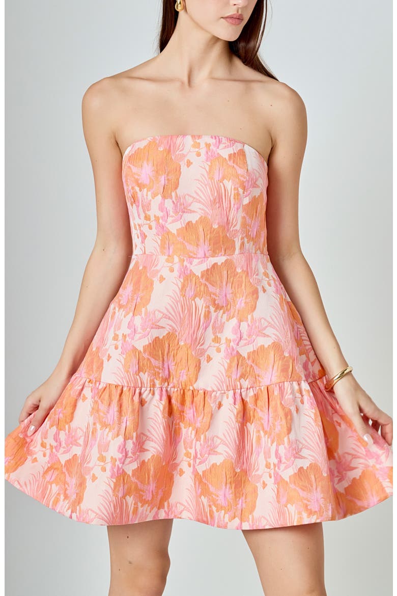 Floral Jacquard Strapless Minidress, Alternate, color, PINK/ ORANGE