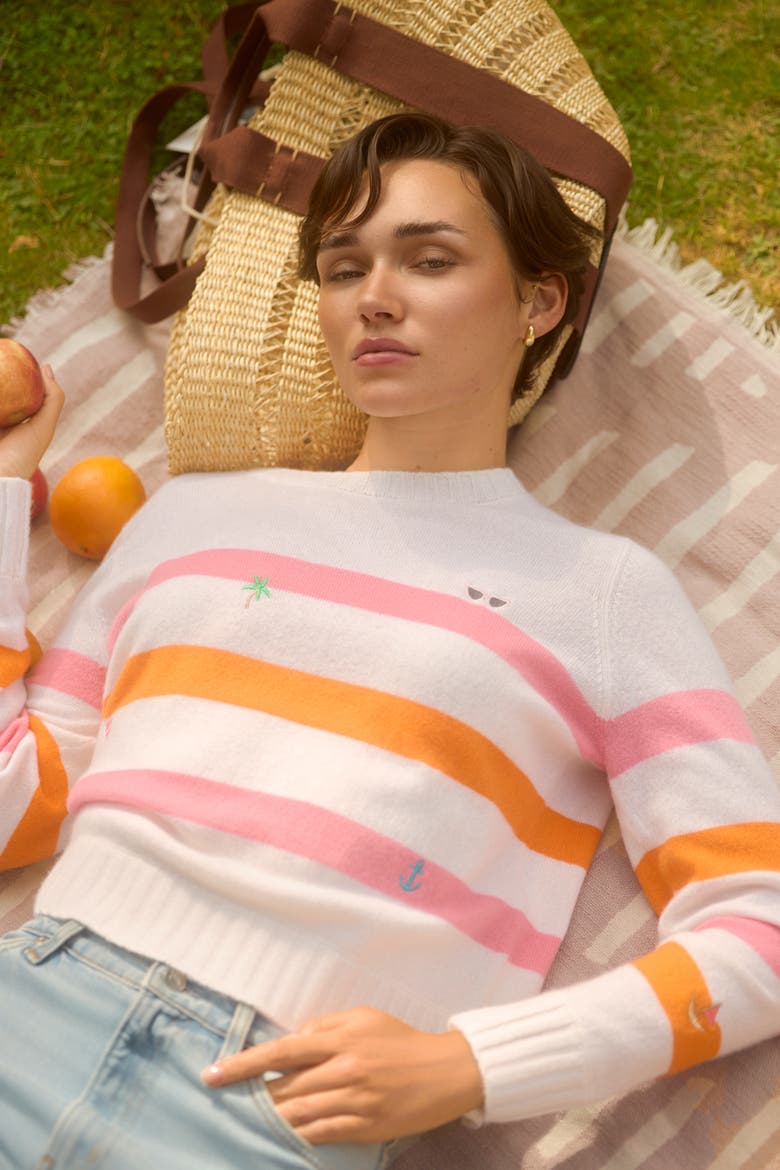 Beach Embroidery 100% Cashmere Sweater, Alternate, color, Pink & Orange Stripes