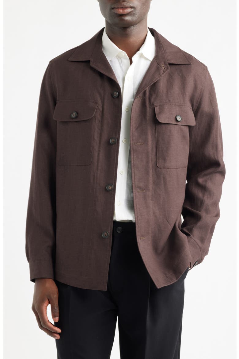 C-Carper Camp Collar Linen Button-Up Shirt, Main, color, DARK BROWN