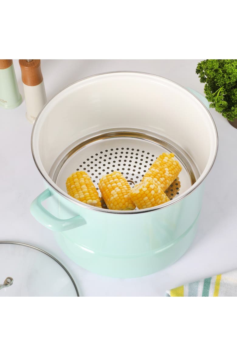 Thayer Enameled Steel Steamer Pot with Stainless Steel Insert and Lid, Alternate, color, Martha Blue