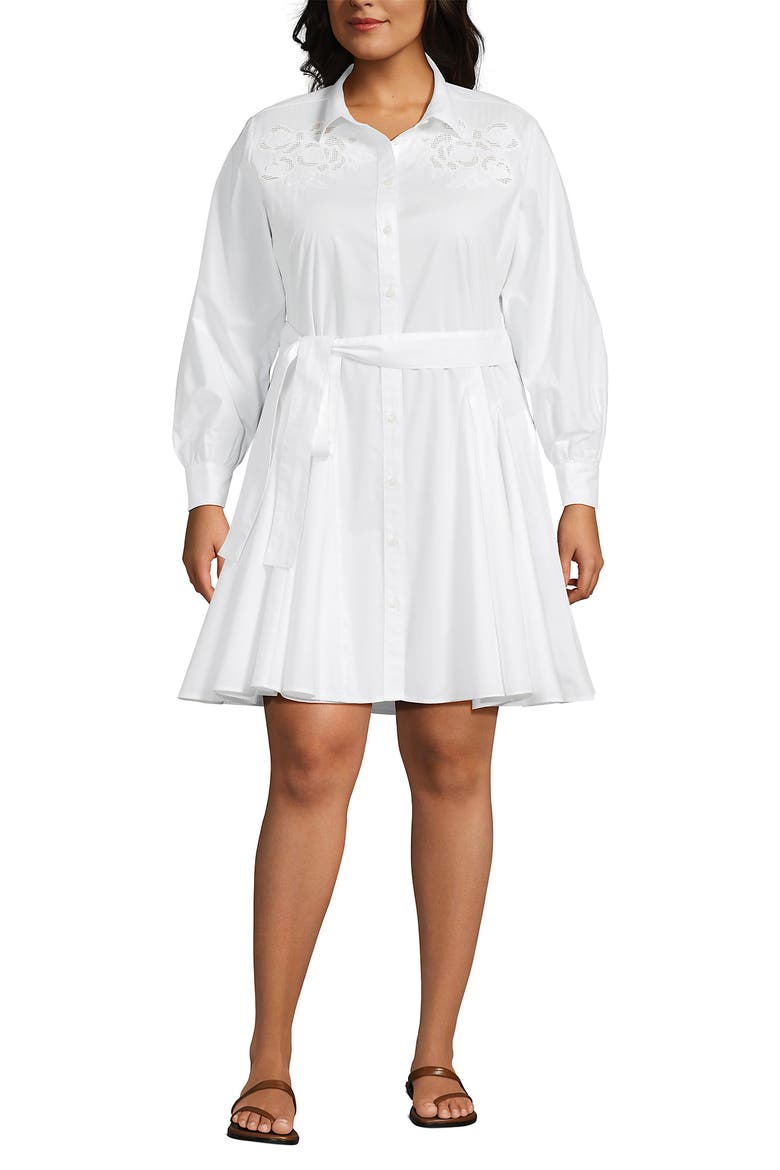 Plus Size Poplin Button Front Dress with Godets, Alternate, color, White/Coral Red Painted Posies