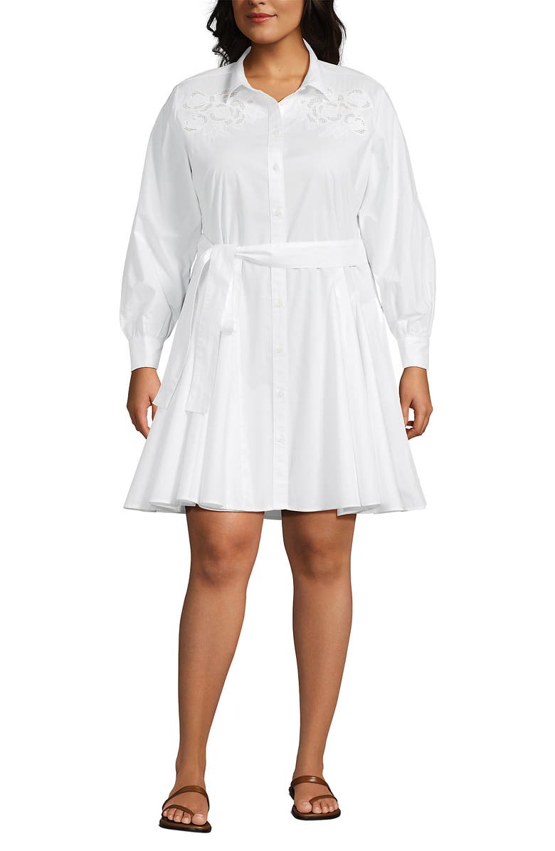 Lands' End Plus Size Poplin Button Front Dress with Godets, Alternate, color, White/Coral Red Painted Posies
