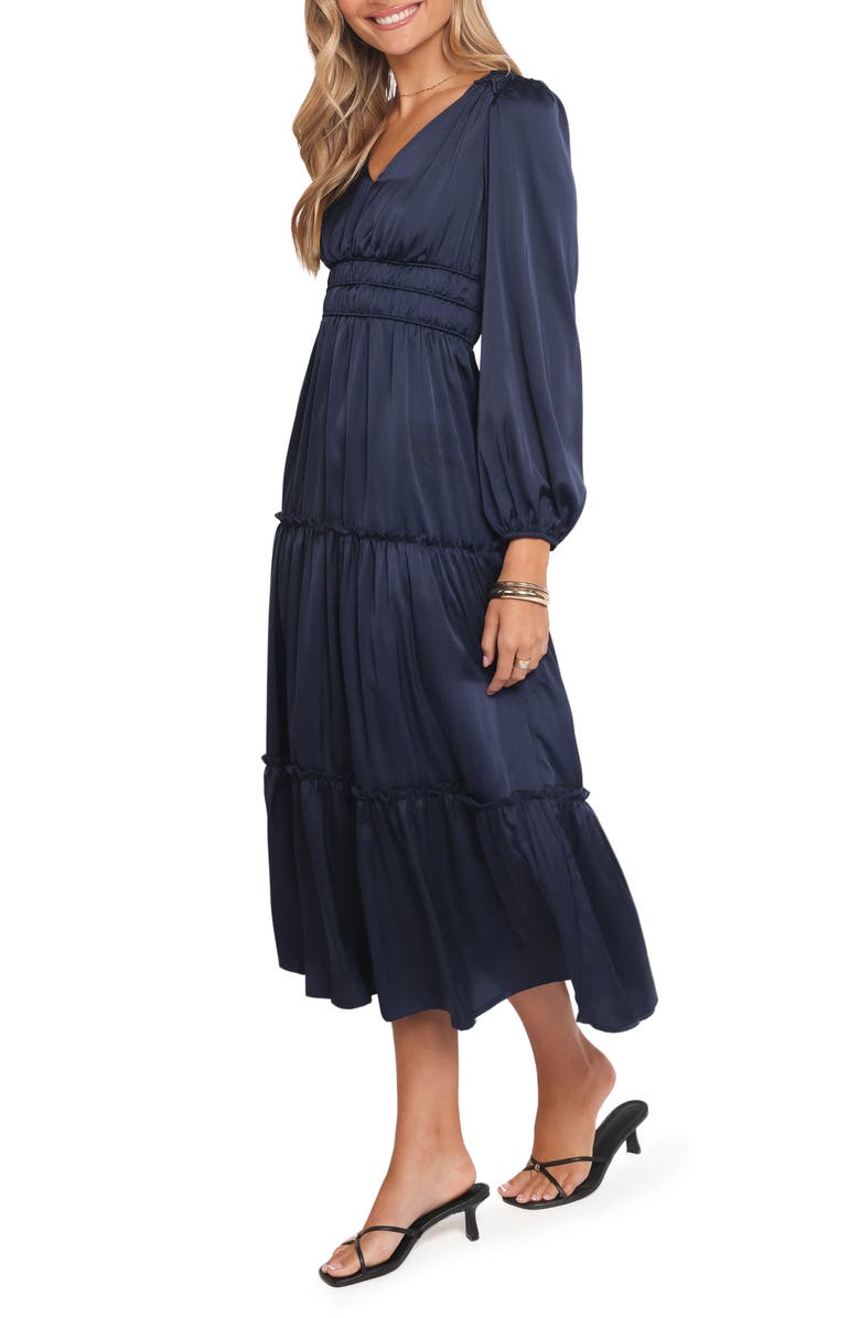 Petal & Pup Rowen Long Sleeve Satin Midi Dress, Alternate, color, Navy