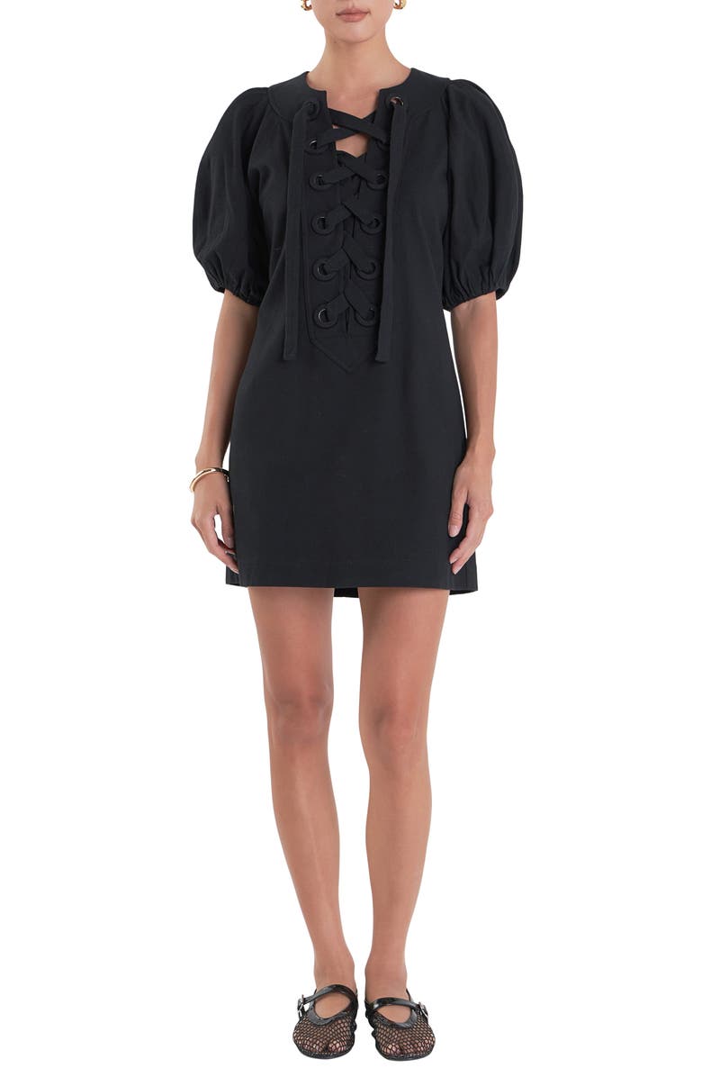 English Factory Lace-Up Front Puff Sleeve Minidress, Main, color, Black