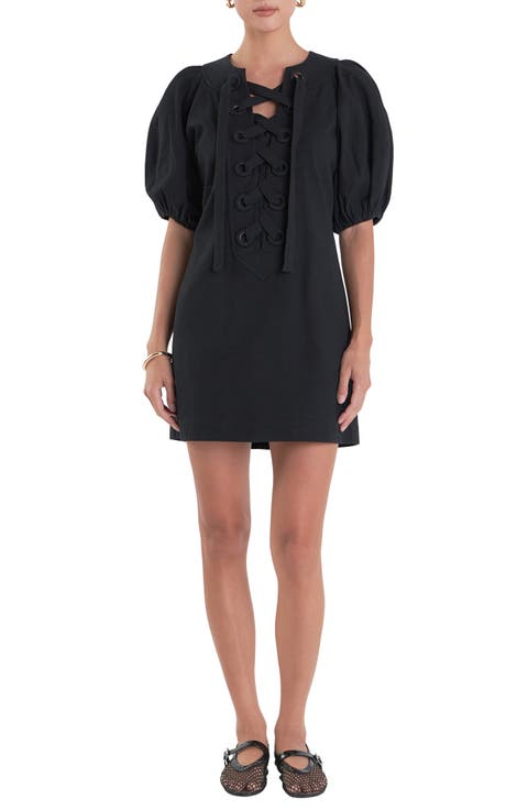 Lace-Up Front Puff Sleeve Minidress