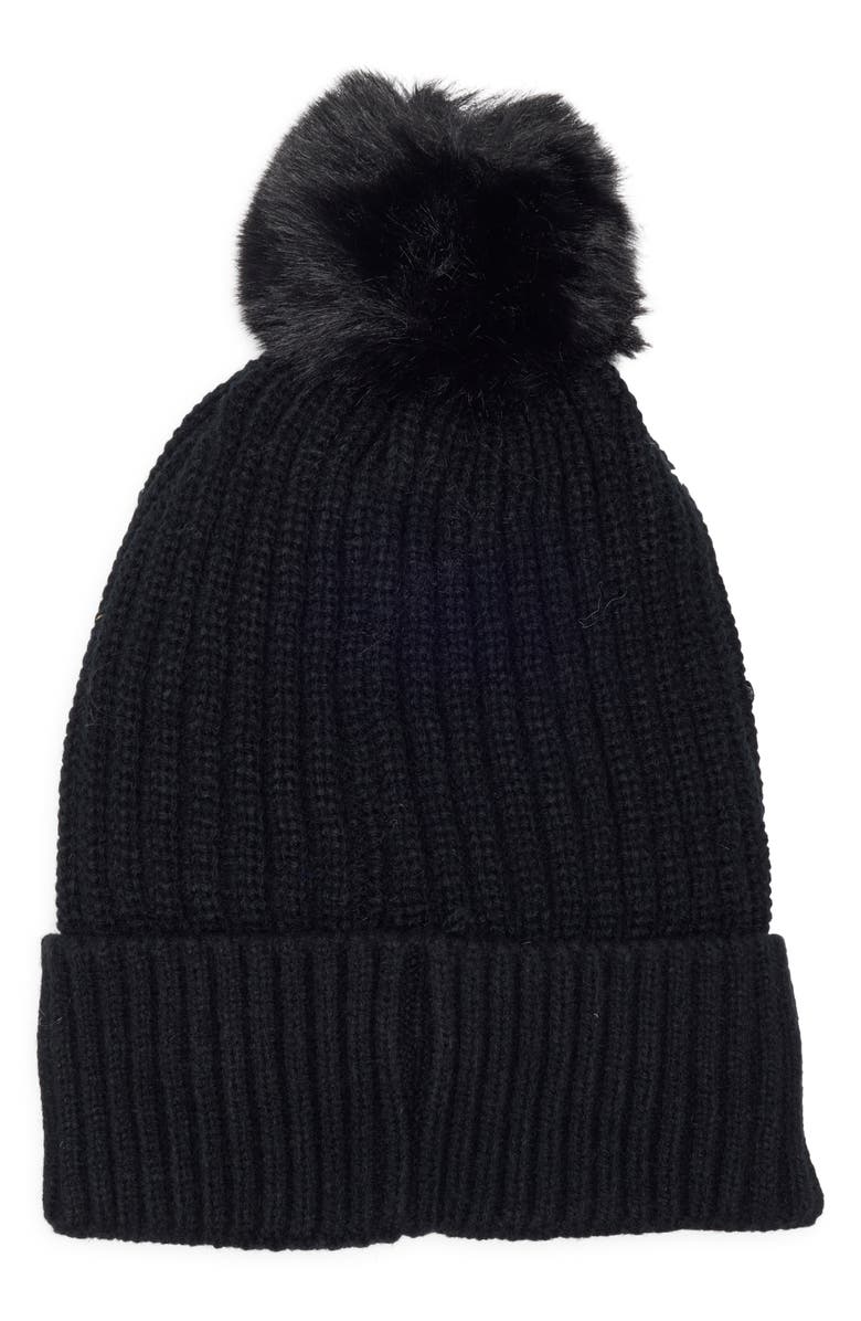 Nanette Lepore Rhinestone Beanie with Faux Fur Pompom, Alternate, color, Black
