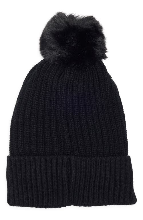 Nanette Lepore Rhinestone Beanie With Faux Fur Pompom In Black