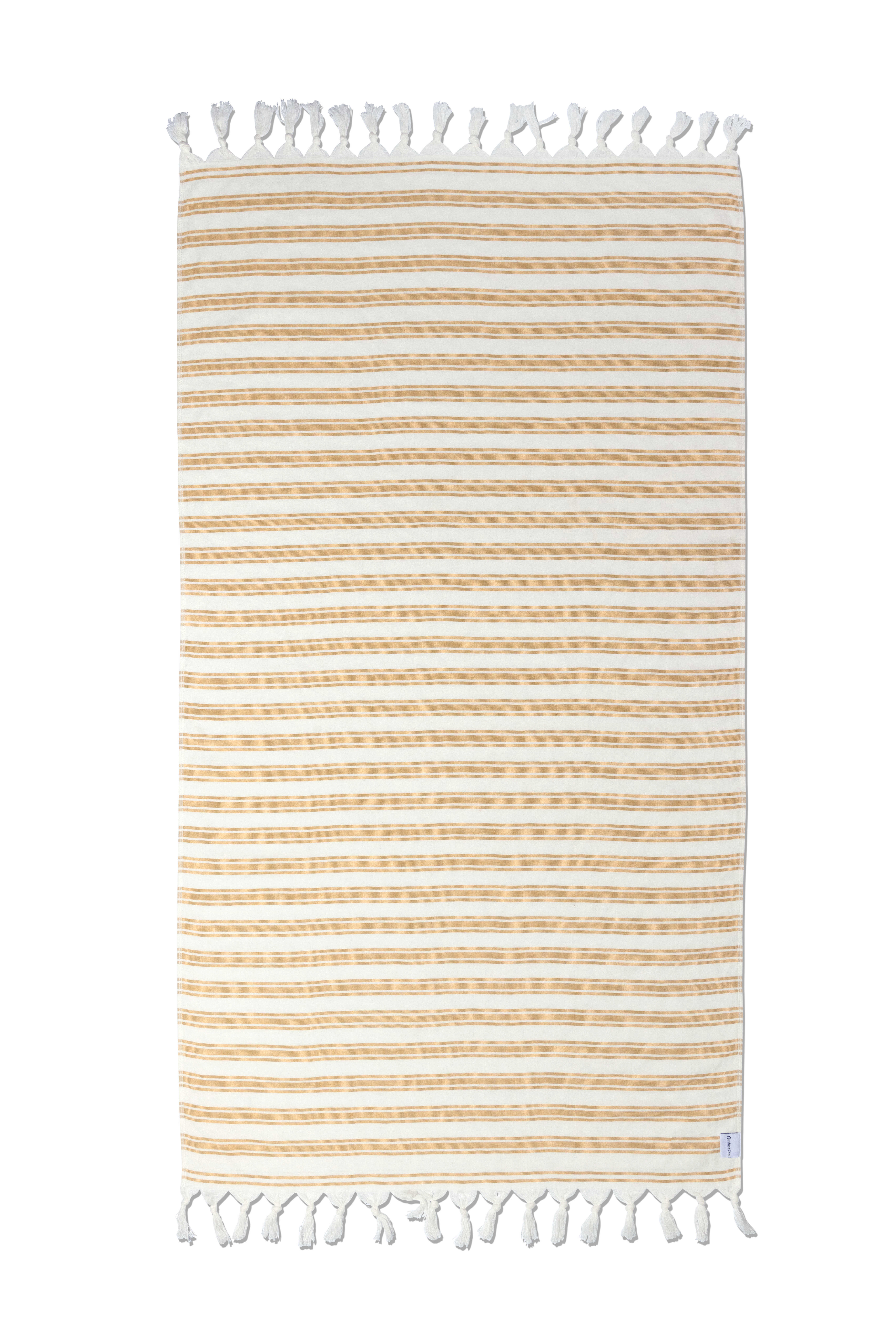 InfuseZen Bask Striped Organic Turkish Towel with Soft Terry Cloth Back in Golden Yellow 