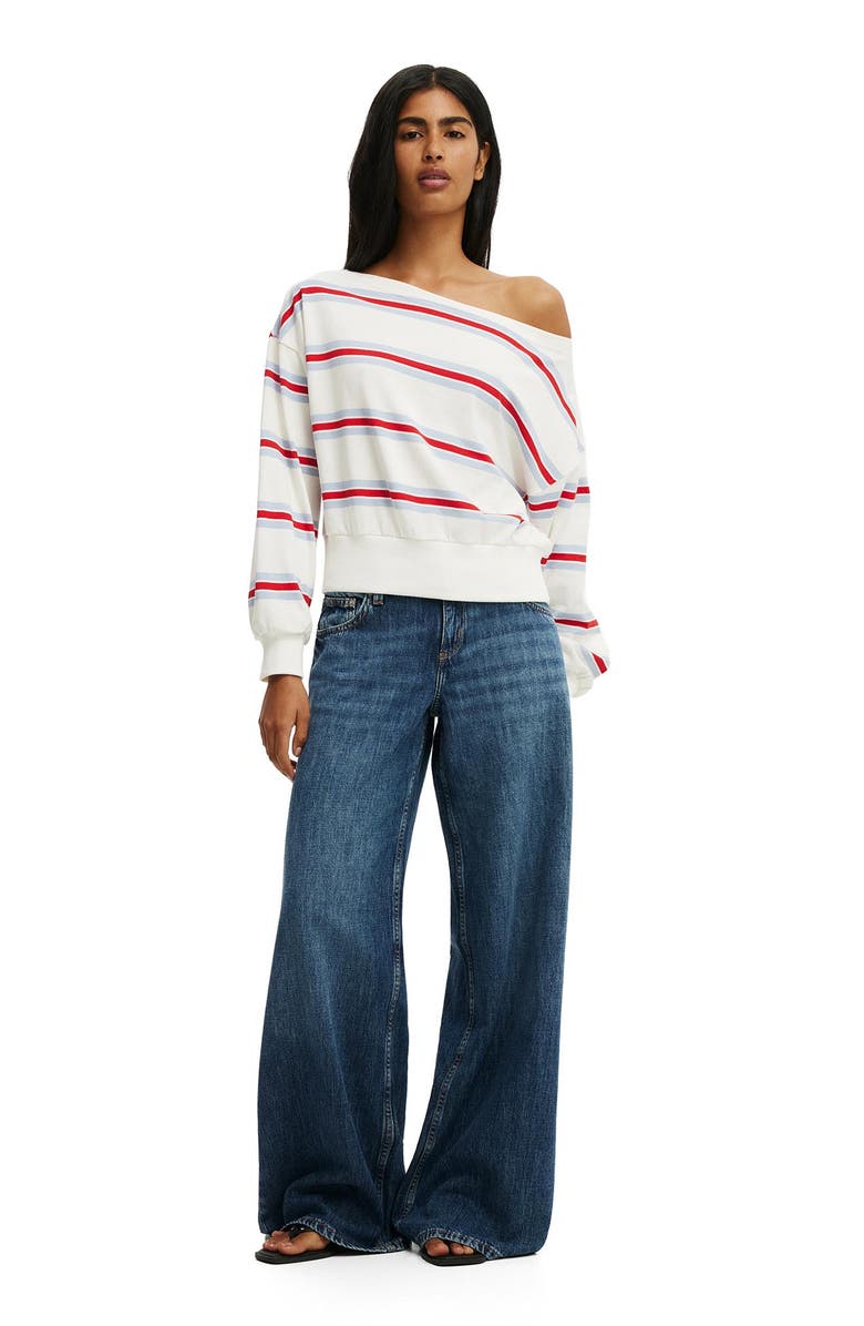 Cotton On Women's Relaxed Off Shoulder Sweatshirt, Alternate, color, Cream Red Blue Multi Stripe
