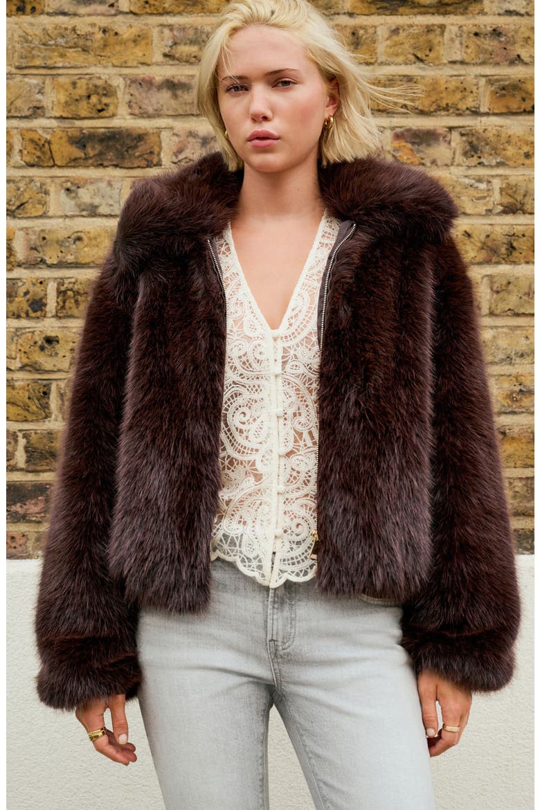 Faux Fur Zip Jacket, Alternate, color, BROWN