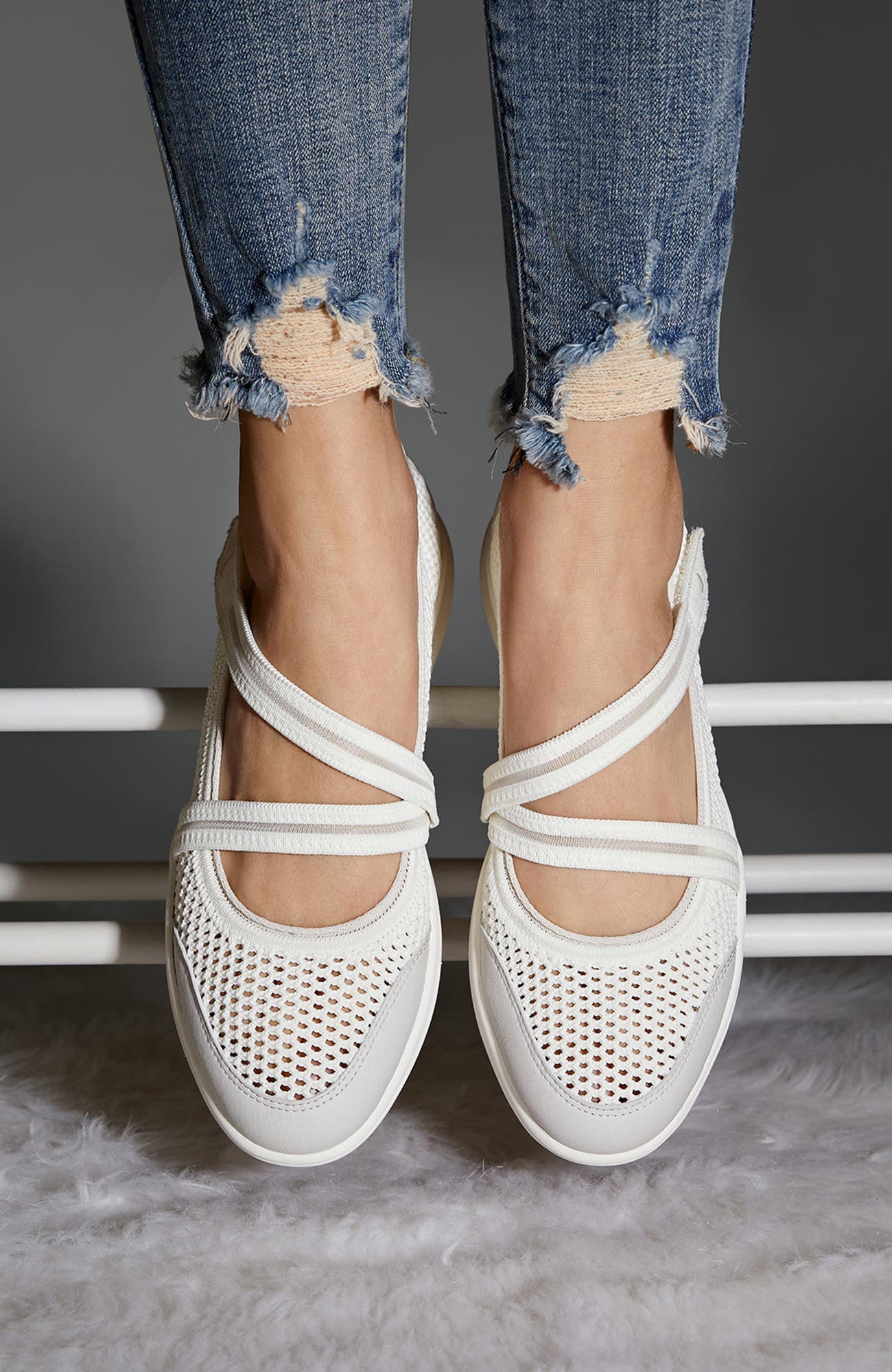 Isabeli Round-Toe Mesh Mary-Jane Sneaker Flats, Alternate, color, Spot Natural Flower Grey