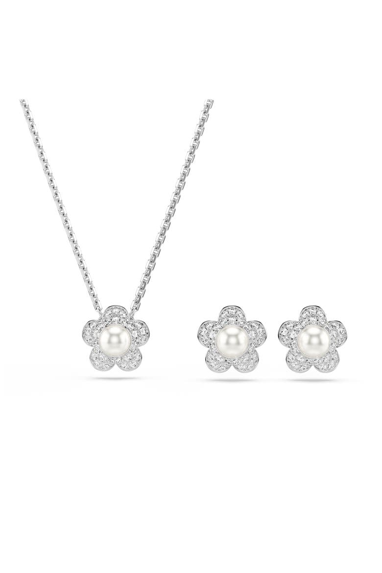Crystal Faux Pearl Necklace & Earrings Set, Main, color, SILVER/ WHITE