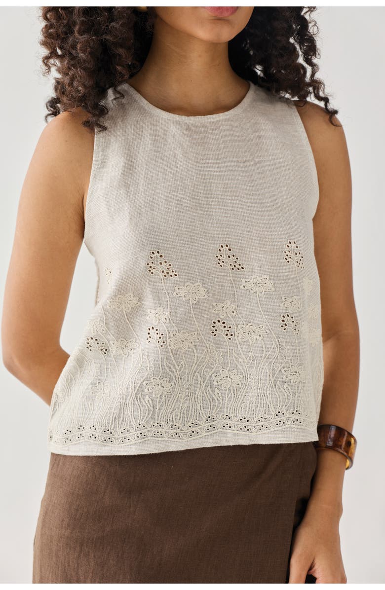 Reistor Embroidered Button Back Top, Main, color, Embroidered Linen White