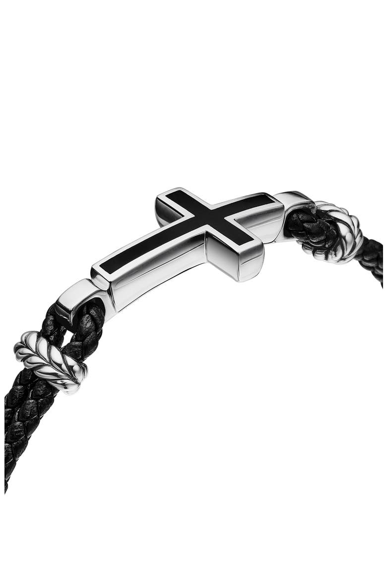 Men's Stone Cross Bracelet in Black Leather with Sterling Silver & Black Onyx, 3mm, Alternate, color, SILVER