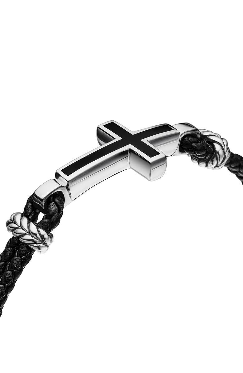 David Yurman Men's Stone Cross Bracelet in Black Leather with Sterling Silver & Black Onyx, 3mm, Alternate, color,