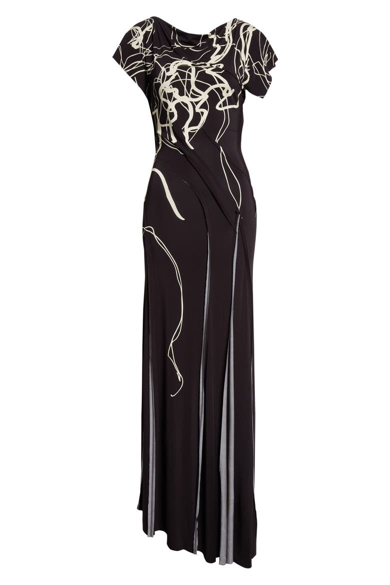 Scribble Floral Print Jersey Gown, Alternate, color, BLACK/ CHALK