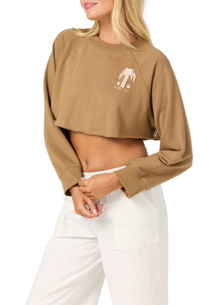 Palm Raw Edge Cropped Fleece Sweatshirt, Alternate, color, DARK KHAKI