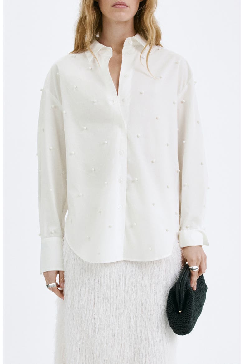 Faux Pearl Trim Button-Up Shirt, Main, color, OFF WHITE