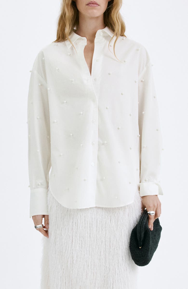 MANGO Faux Pearl Trim Button-Up Shirt, Main, color,