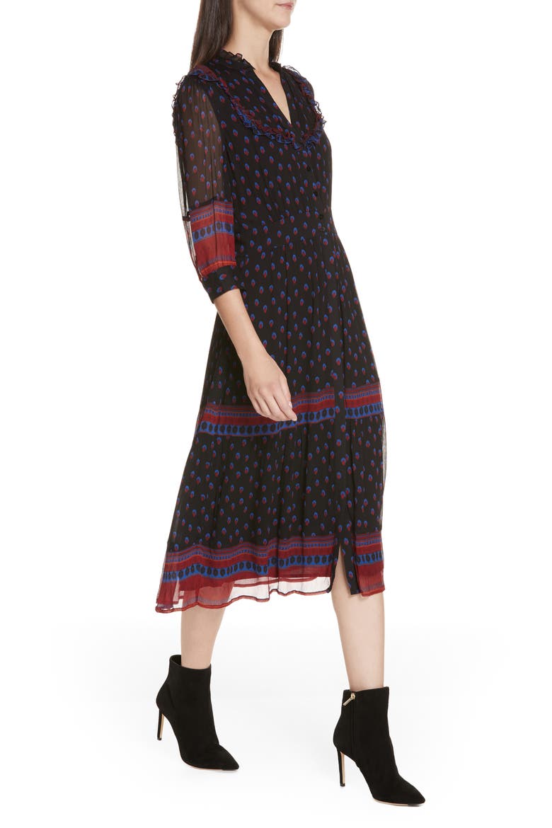 Barie Ruffle Print Midi Dress, Alternate, color, BLACK