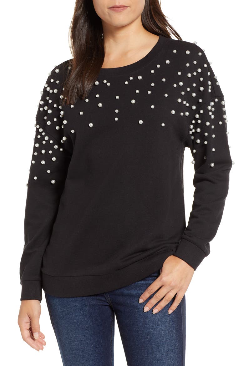 PEARL DETAIL SWEATSHIRT, Main, color, BLACK