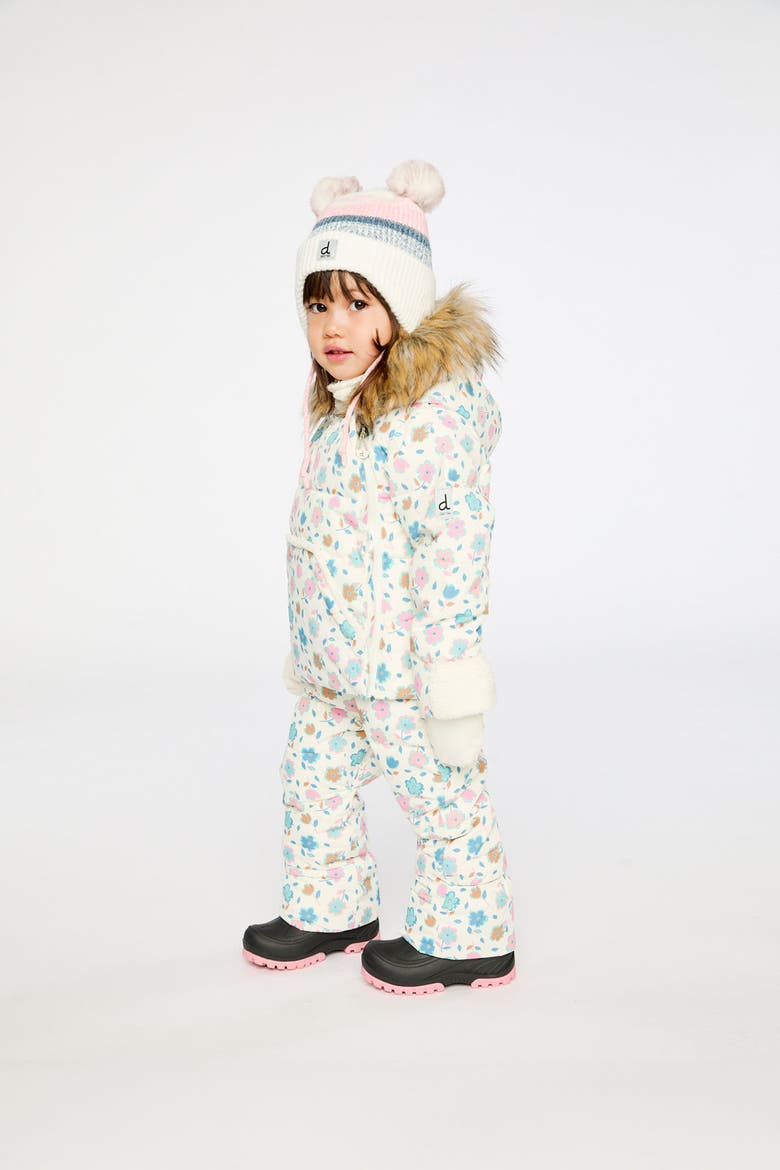 Floral Snug Car Seat Fleece Neckwarmer One Piece Snowsuit, Alternate, color, White with Floral Print